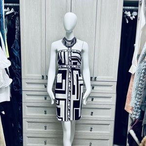 EMILIO PUCCI MONOCHROME PRINTED SILK DRESS WITH BEADED COLLAR